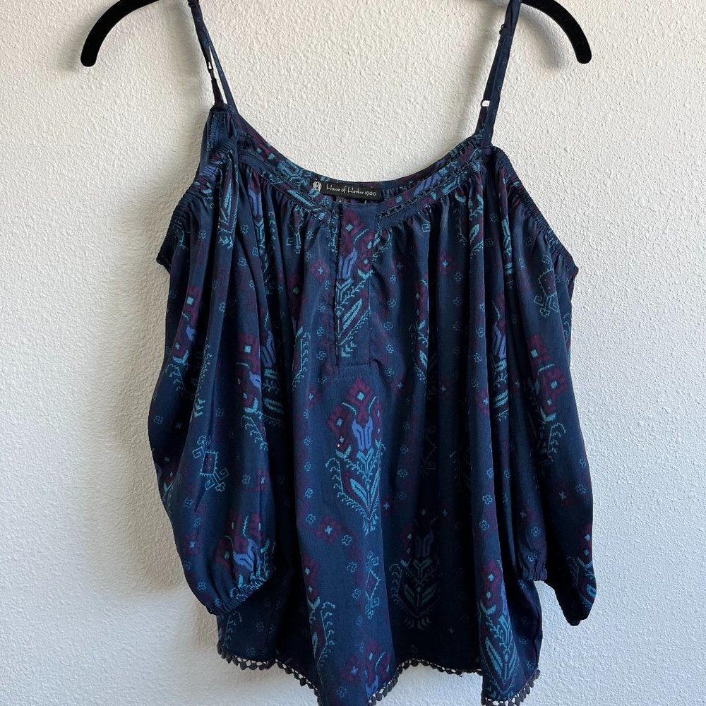 House of Harlow 1960 Navy Blue Geometric Tiered Cold Shoulder Top | Size S